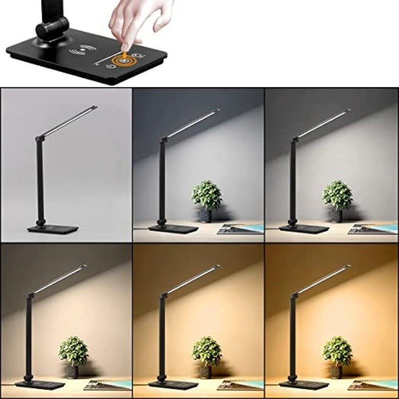 Bureaulamp met Draadloze Oplader Zwart - Dimbaar Leeslicht Touch Bediening 5 Lichtmodi Flexibele Arm