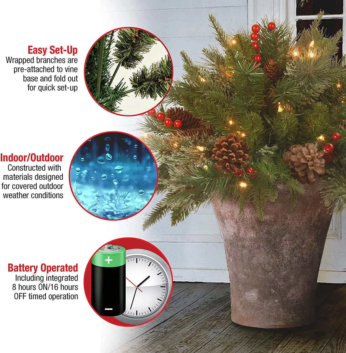 Verlichte Kerstspray met Dennenappels en Bessen voor Urn Vaas Entree Decoratie Kunstkerstboom Feestdagen