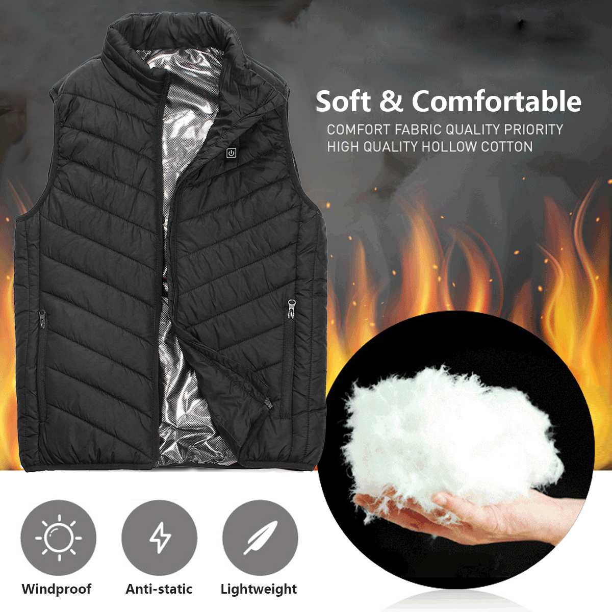 Verwarmingsvest Elektrisch Unisex Zwart 3 Warmtezones Instelbare Temperatuur Winter Outdoor Verwarmd Vest