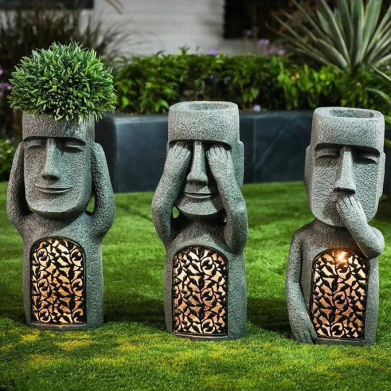 Gezichtsvaas met Zonne-energie Verlichting - Abstrakt Sculptuur Plantenbak Buiten Binnen Kunsthars 25cm