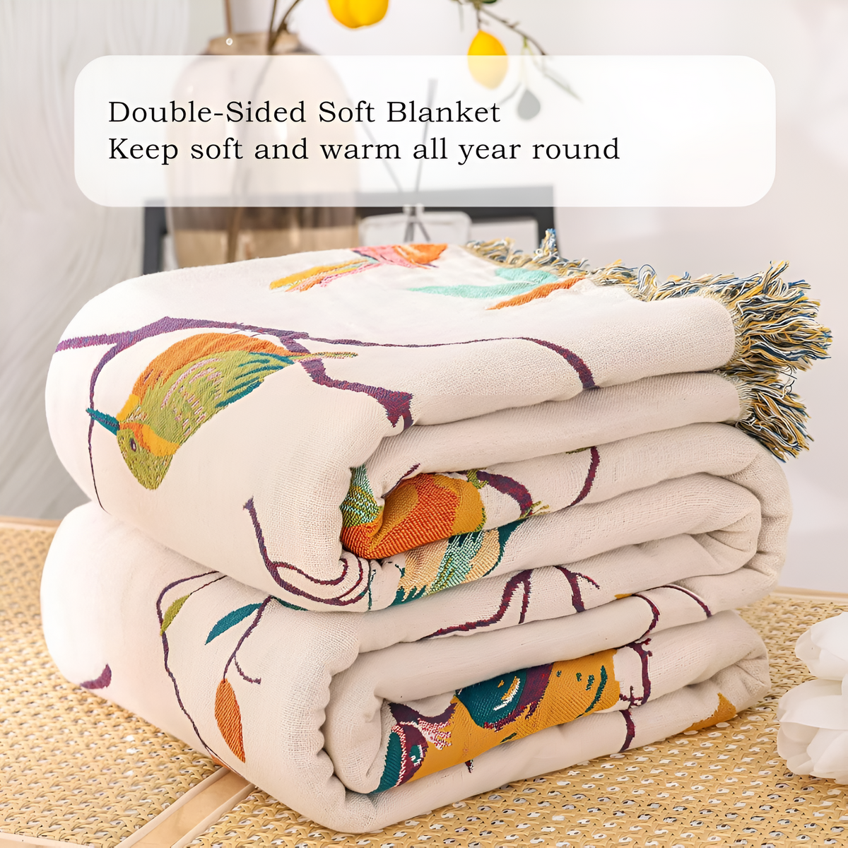 Katoenen Plaid met Vogelmotief en Kwastjes - Vintage Boho Stijl Deken voor Bank, Bed of Picknick