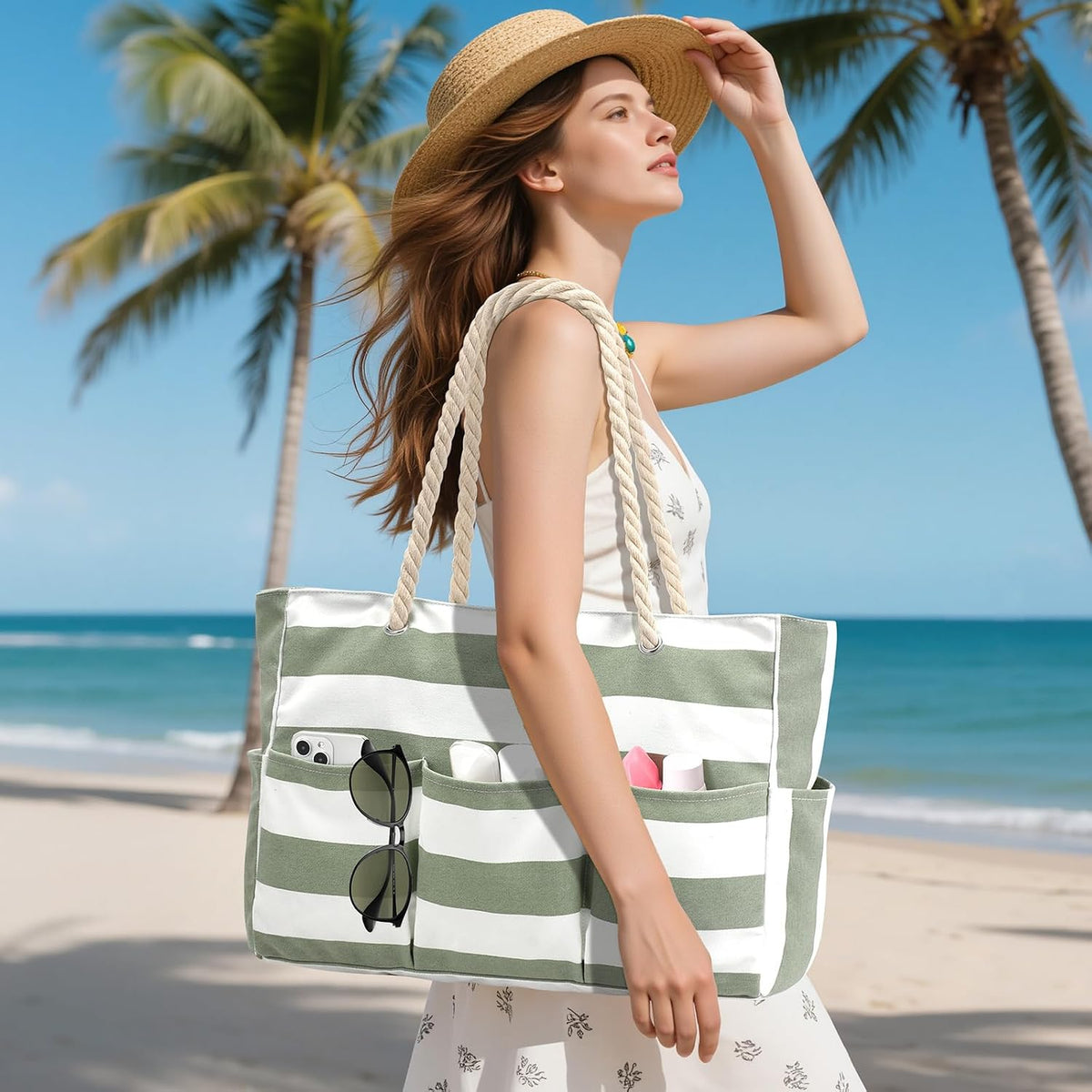 Waterdichte Strandtas Canvas met Rits en 7 Vakken - Ruime Schoudertas voor Strand Zwembad Vakantie Reizen