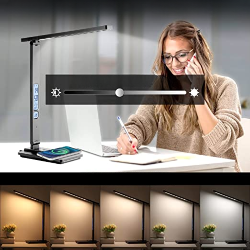 LED Bureaulamp met Draadloze Oplader en USB-Poort - Verstelbare Verlichting voor Optimaal Werkcomfort