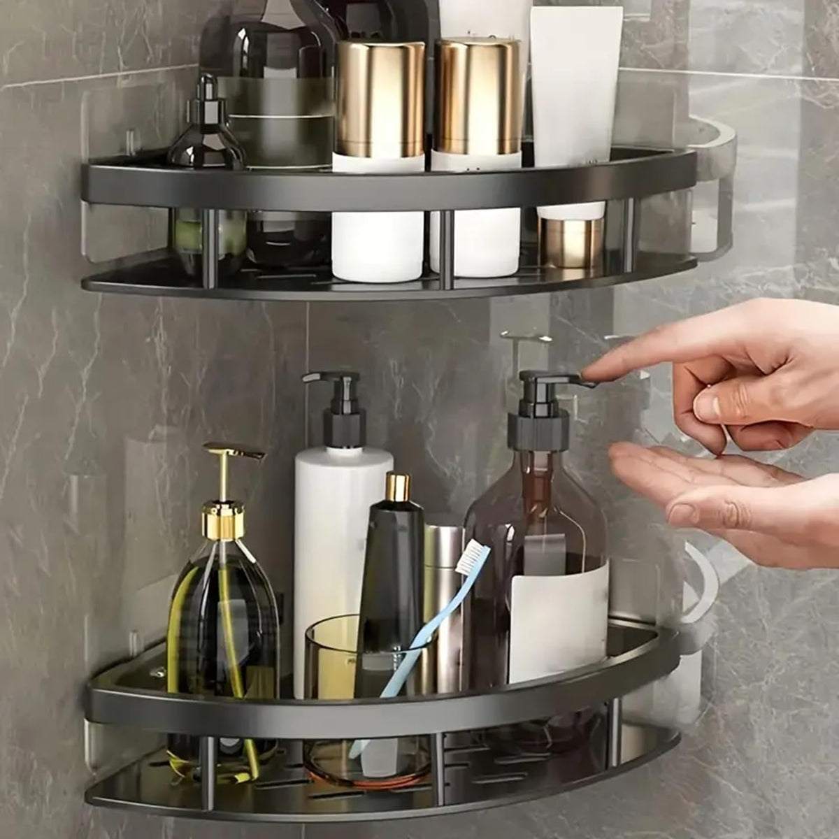 Aluminium Hoekplank voor Douche en Badkamer zonder Boren met Sterke Kleefpad Zwart Zilver