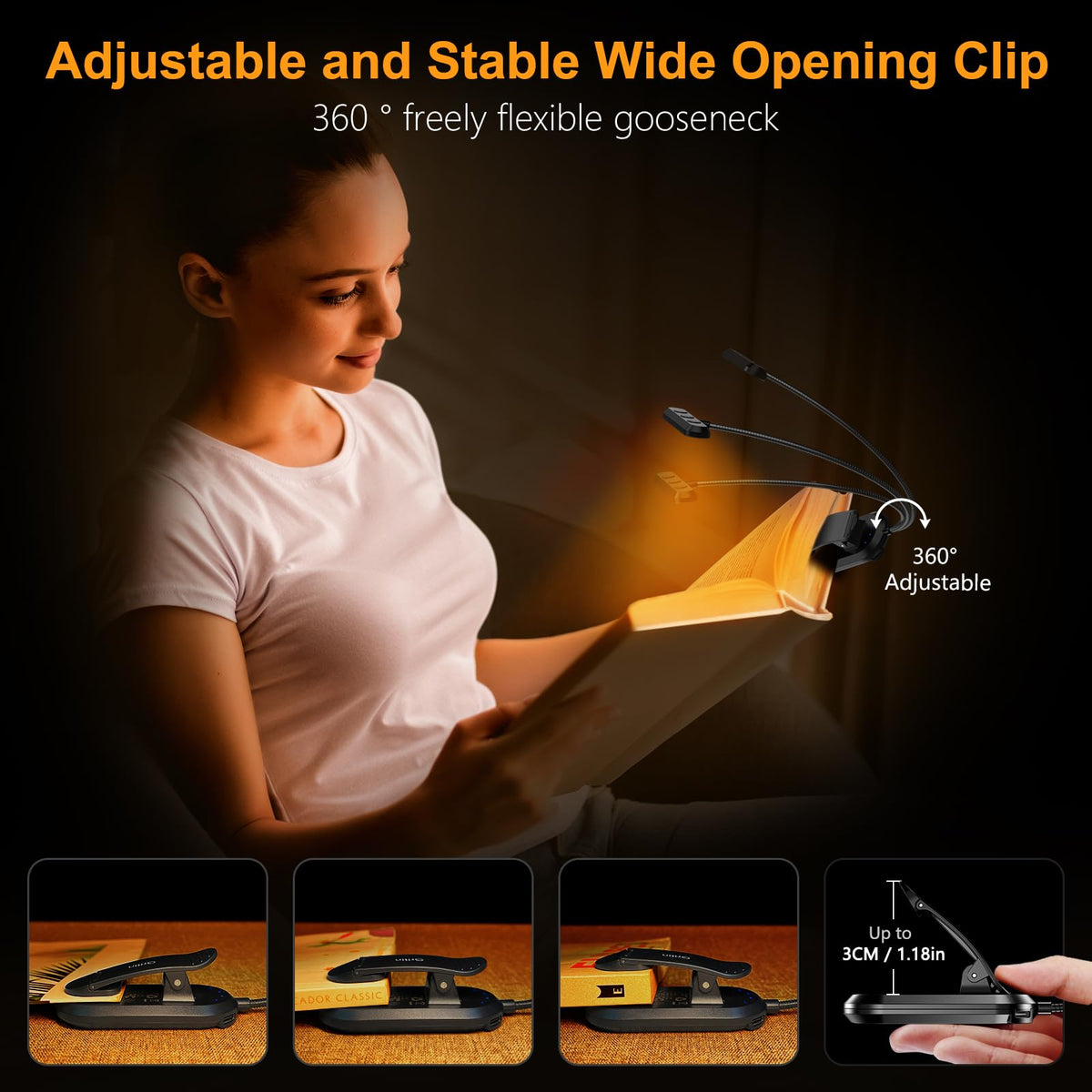 Oplaadbare Leeslamp met 19 LEDs - 3 Kleurtemperaturen & 5 Helderheidsniveaus - Flexibele Nek Verstelbaar - Klemontwerp voor Boek & E-reader - USB-C - Ideaal voor Nachtelijk Lezen