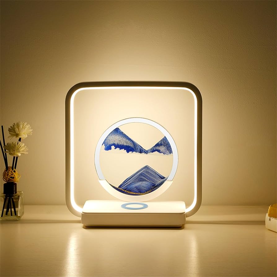 Zandkunst Nachtlamp met Draadloze Oplaadplek - Sierlijk Bewegend Zand & LED-Verlichting voor Slaapkamer Bureau Decoratie
