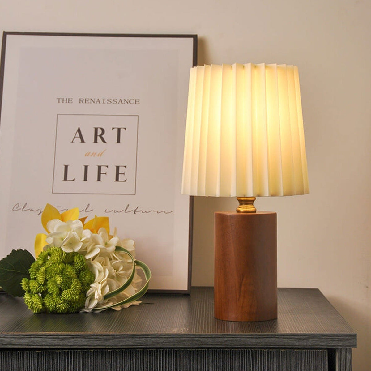 Tafellamp Plissé Kap Houten Voet Vintage Stijl Dimbaar Sfeerlicht Nachtkastje Woonkamer Leeslamp Retro Design