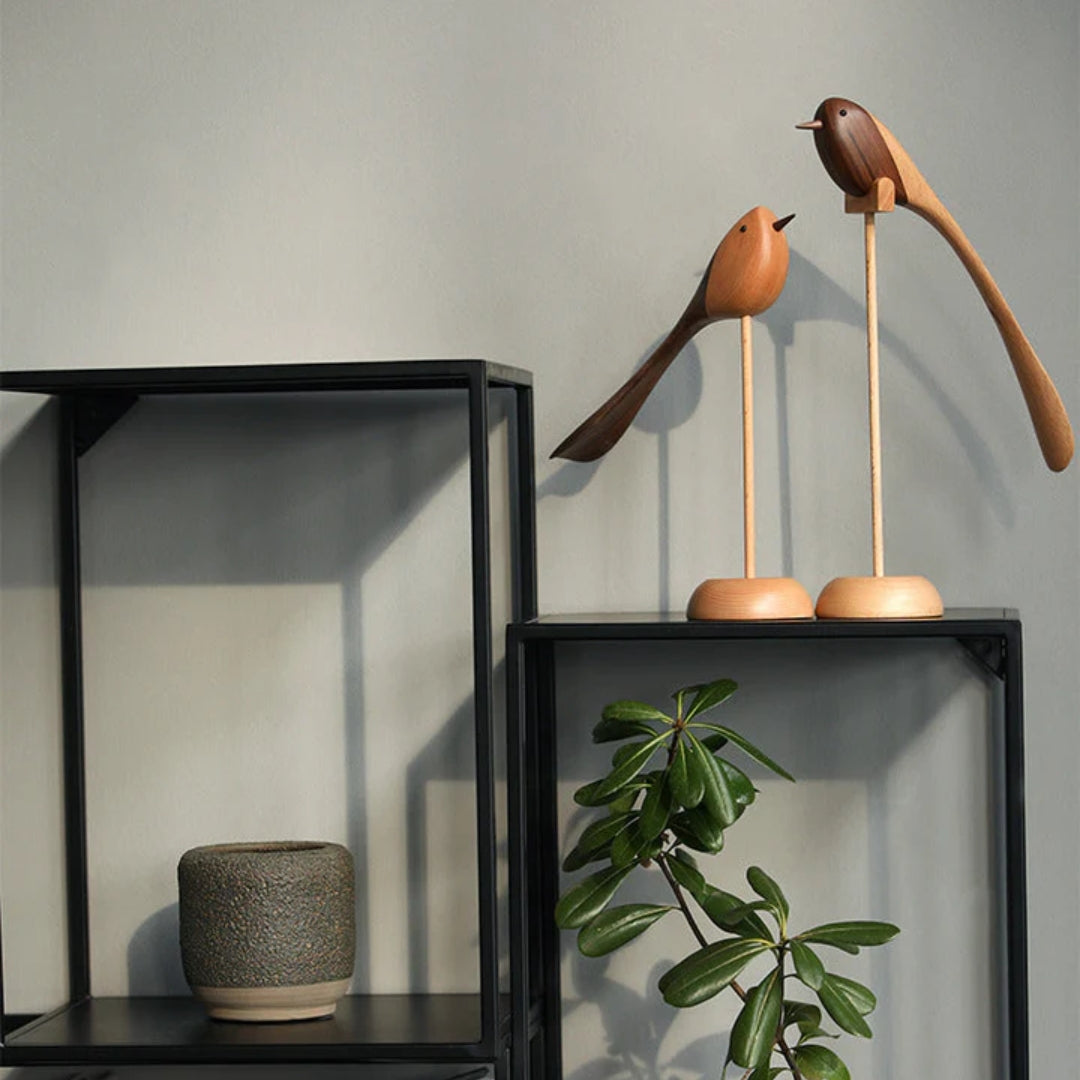 Houten Vogelsculpturen Set van 2 Stuks Scandinavisch Design Decoratief Roodhouten Interieurobject Woonkamer