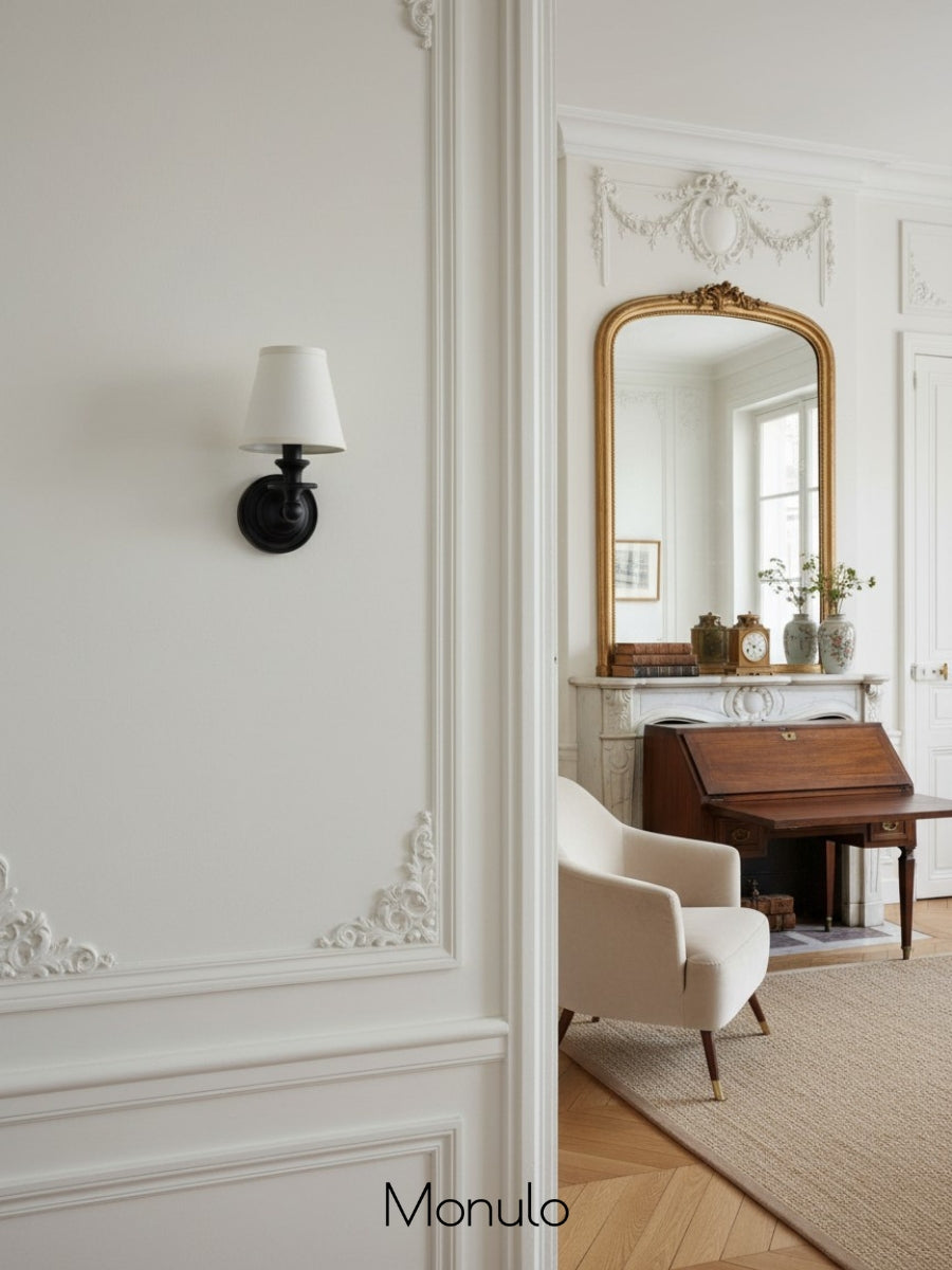 Wandlamp met stoffen kap en zwanenhalsarm - smeedijzeren armatuur met verstelbare leeslamp