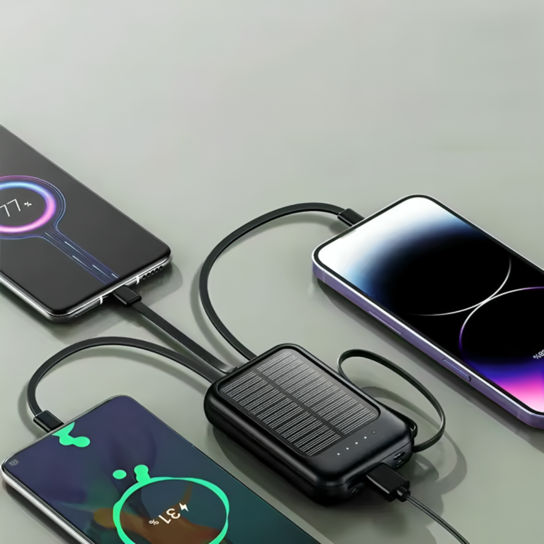 Oplaadbare Powerbank 20000mAh met Zonnepaneel, LED-Zaklamp en Ingebouwde Kabels - Draagbare Noodaccu met Dubbele USB- en Type-C-Aansluiting voor Smartphone en Tablet