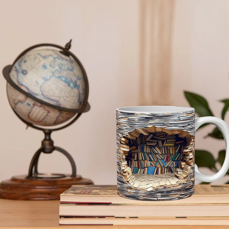 Keramische Mok met 3D-Boekenplankdesign - Gezellige Mokken voor Boekenliefhebbers