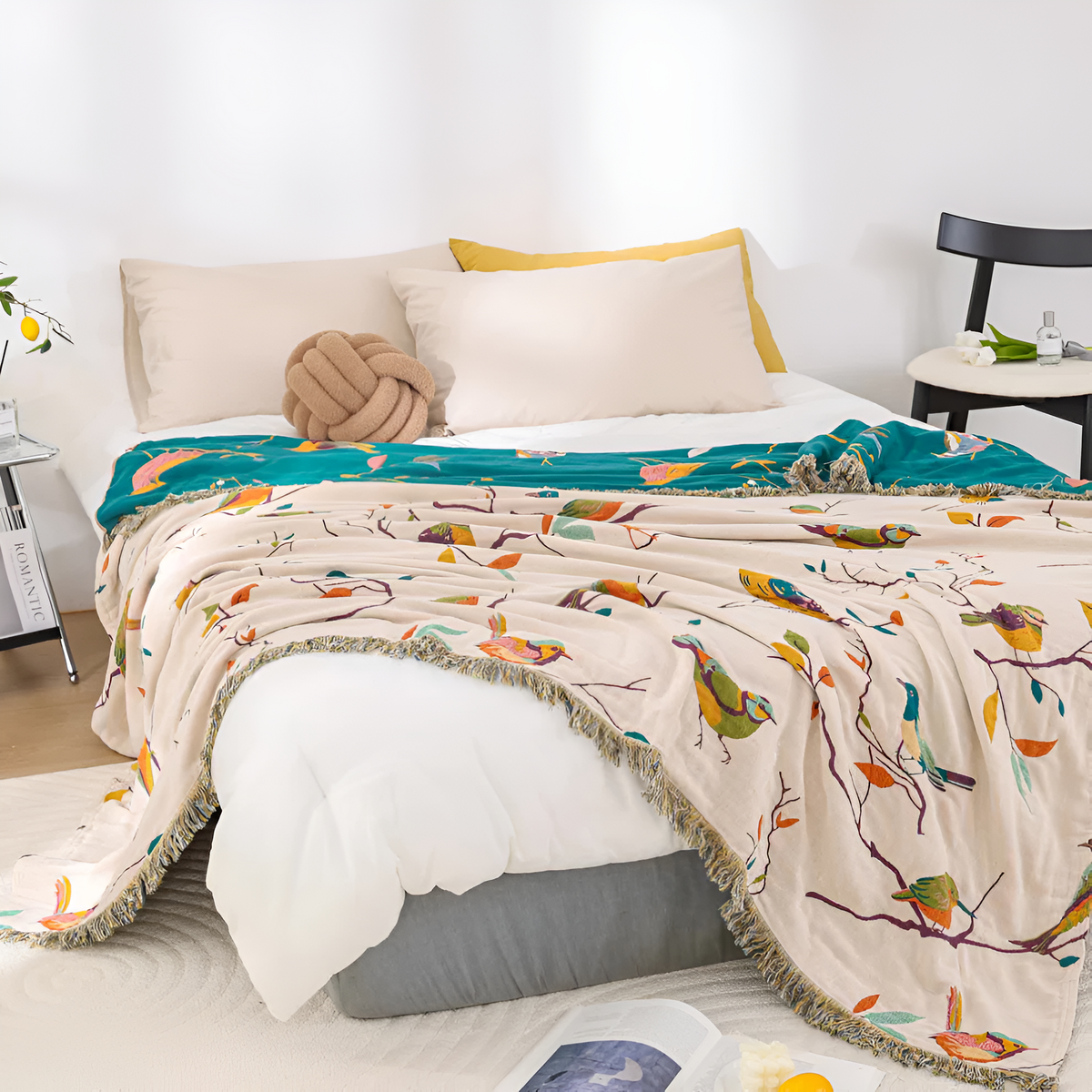 Katoenen Plaid met Vogelmotief en Kwastjes - Vintage Boho Stijl Deken voor Bank, Bed of Picknick