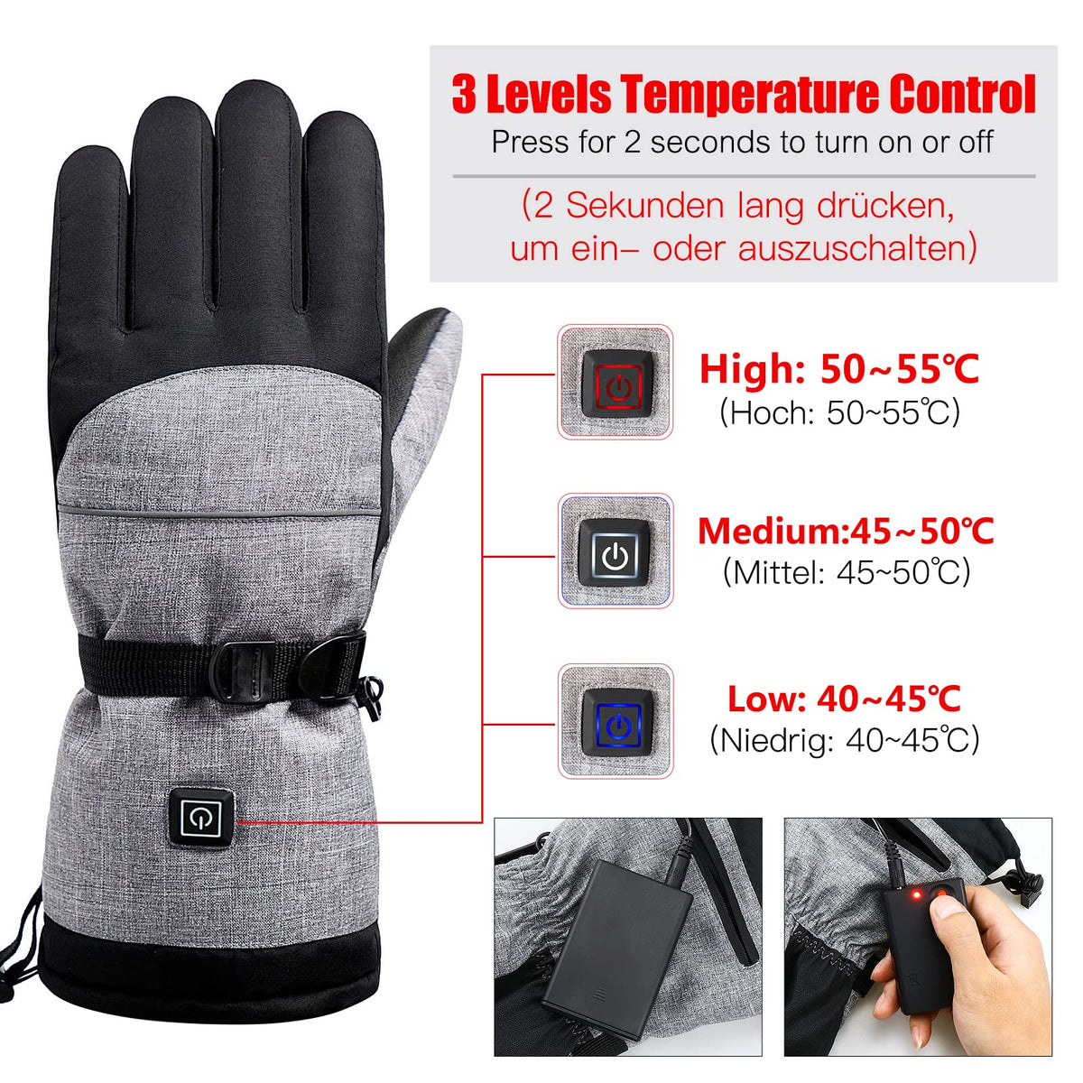 Verwarmde Handschoenen met Touchscreen Functie 3 Warmtestanden Waterdicht voor Wintersport Skiën Snowboarden