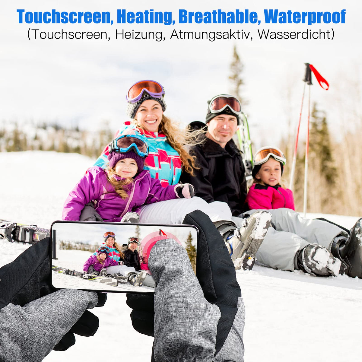 Verwarmde Handschoenen met Touchscreen Functie 3 Warmtestanden Waterdicht voor Wintersport Skiën Snowboarden