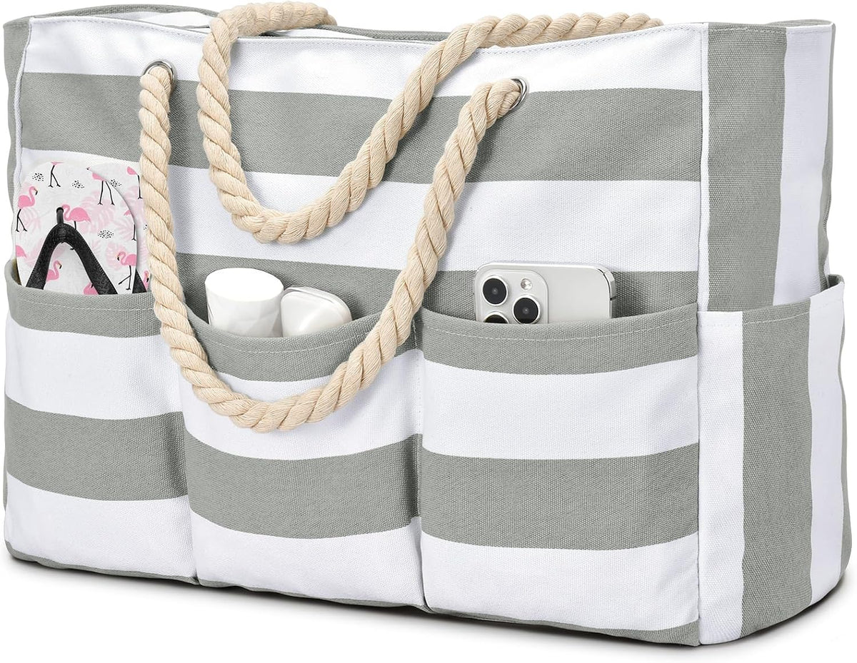 Waterdichte Strandtas Canvas met Rits en 7 Vakken - Ruime Schoudertas voor Strand Zwembad Vakantie Reizen