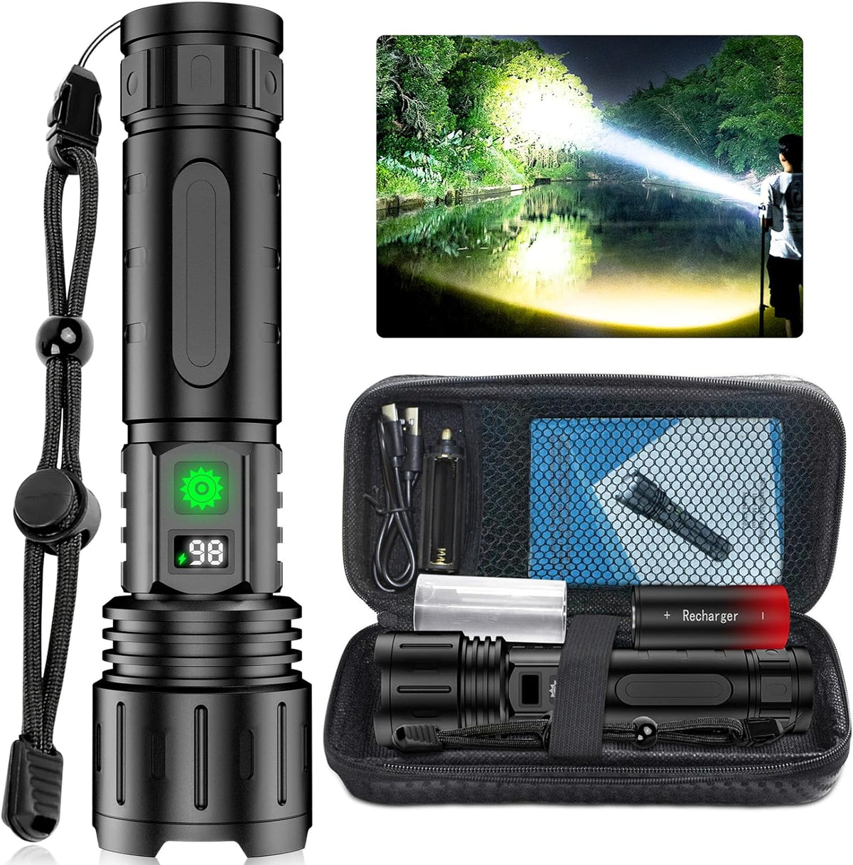 Oplaadbare LED Zaklamp 100000 Lumen met Powerbank Functie Waterdicht Aluminium voor Camping Outdoor Wandelen