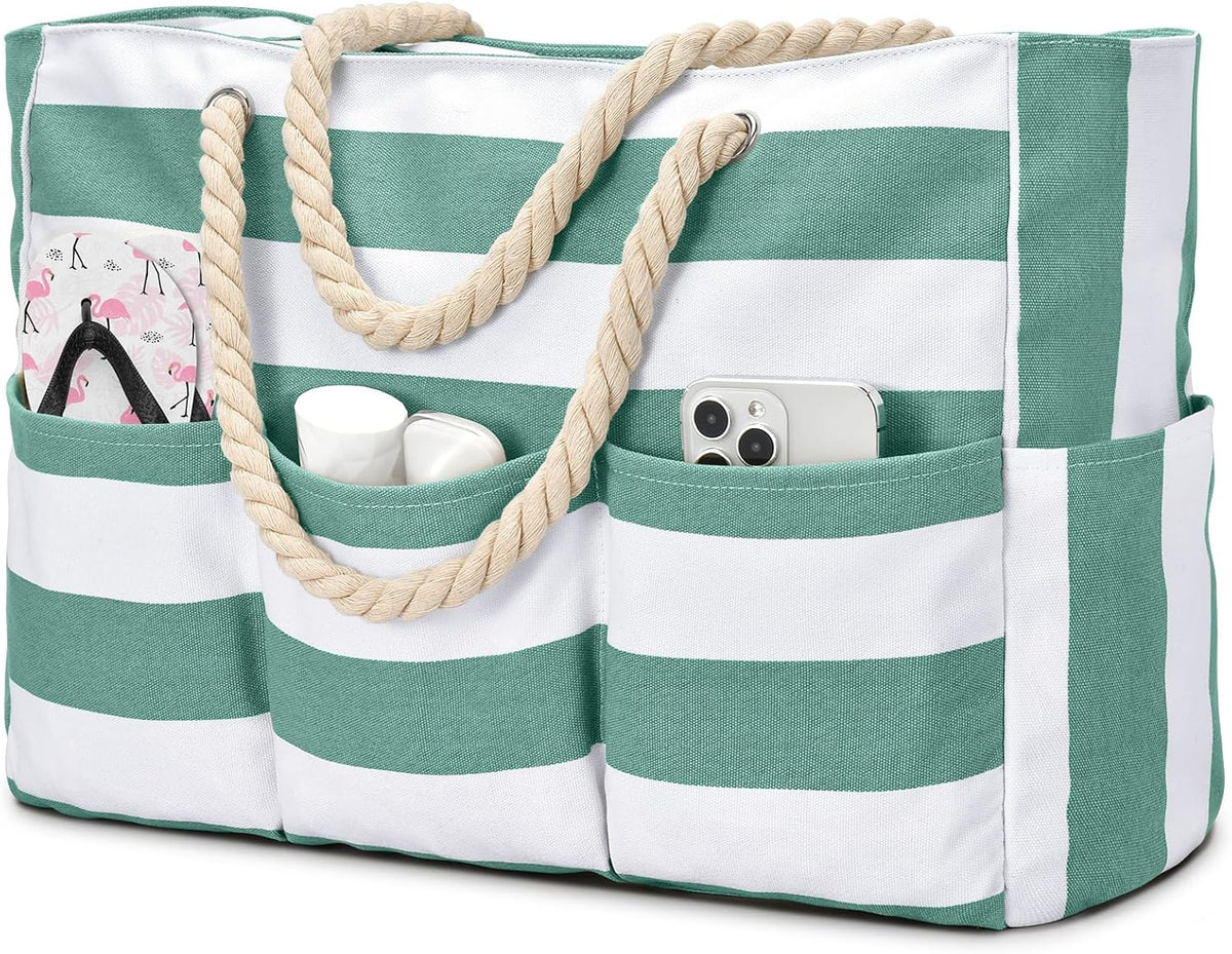 Waterdichte Strandtas Canvas met Rits en 7 Vakken - Ruime Schoudertas voor Strand Zwembad Vakantie Reizen