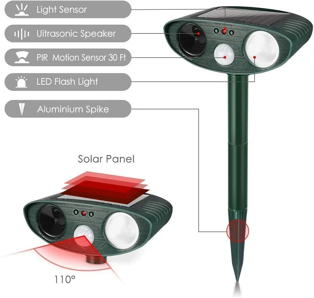 Zonne-energie Dierenverjager met Ultrasone Sensor Bewegingsdetectie voor Tuin Patio Gazon Ongedierte Bescherming
