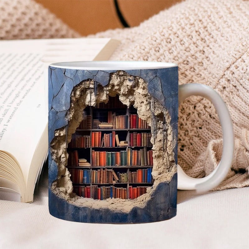 Keramische Mok met 3D-Boekenplankdesign - Gezellige Mokken voor Boekenliefhebbers