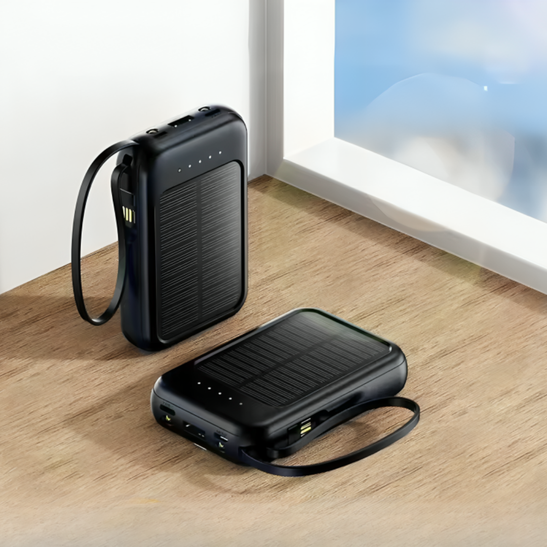 Oplaadbare Powerbank 20000mAh met Zonnepaneel, LED-Zaklamp en Ingebouwde Kabels - Draagbare Noodaccu met Dubbele USB- en Type-C-Aansluiting voor Smartphone en Tablet
