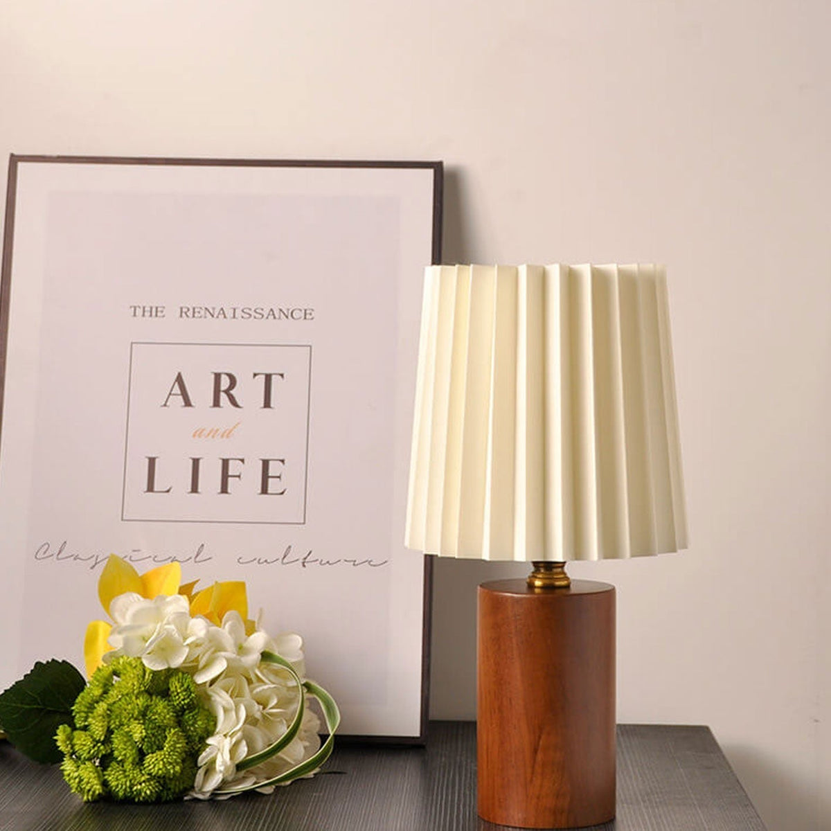Tafellamp Plissé Kap Houten Voet Vintage Stijl Dimbaar Sfeerlicht Nachtkastje Woonkamer Leeslamp Retro Design