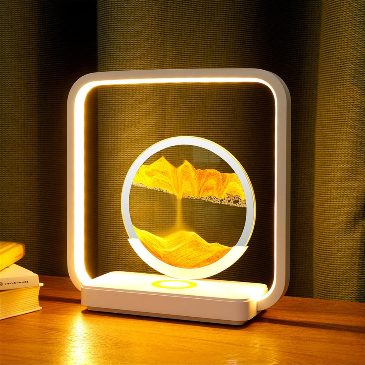 Zandkunst Nachtlamp met Draadloze Oplaadplek - Sierlijk Bewegend Zand & LED-Verlichting voor Slaapkamer Bureau Decoratie