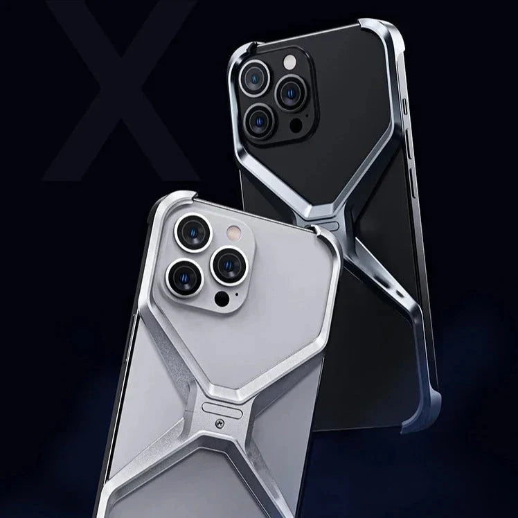 Aluminium X-Frame Telefoonhoesje iPhone 14 15 16 17 Pro Max Randloos Schokbestendig Titanium Design Luxe