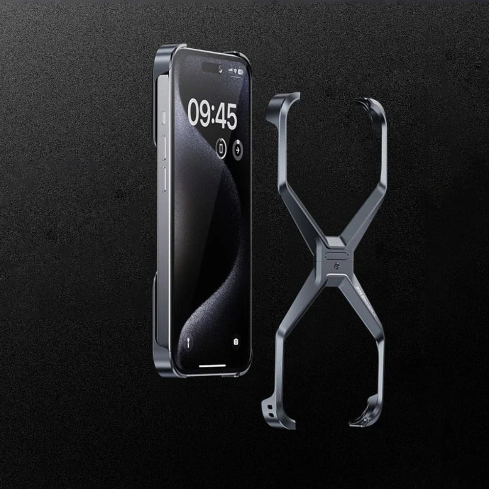 Aluminium X-Frame Telefoonhoesje iPhone 14 15 16 17 Pro Max Randloos Schokbestendig Titanium Design Luxe