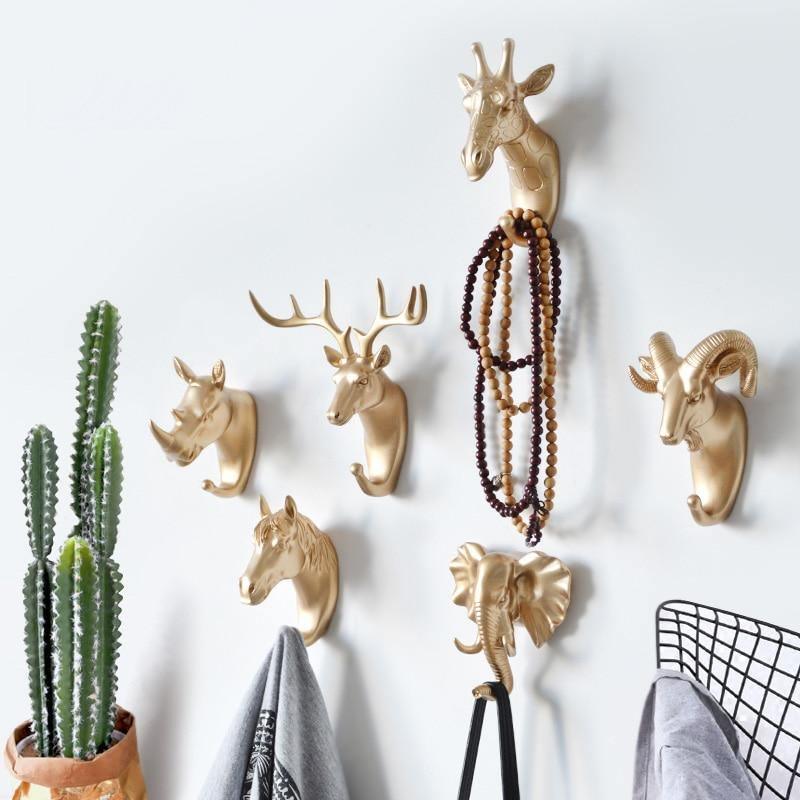 Decoratieve Dierenkop Wandhaak in Goud Wit Zwart voor Sleutels Tassen Handdoeken | Giraffehaak Olifanthaak Neushoornhaak Hert Ram Paard | Gietijzer Wanddecoratie Hal Badkamer Slaapkamer