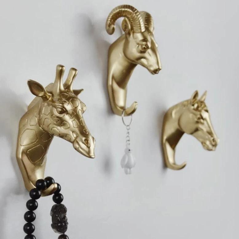 Decoratieve Dierenkop Wandhaak in Goud Wit Zwart voor Sleutels Tassen Handdoeken | Giraffehaak Olifanthaak Neushoornhaak Hert Ram Paard | Gietijzer Wanddecoratie Hal Badkamer Slaapkamer