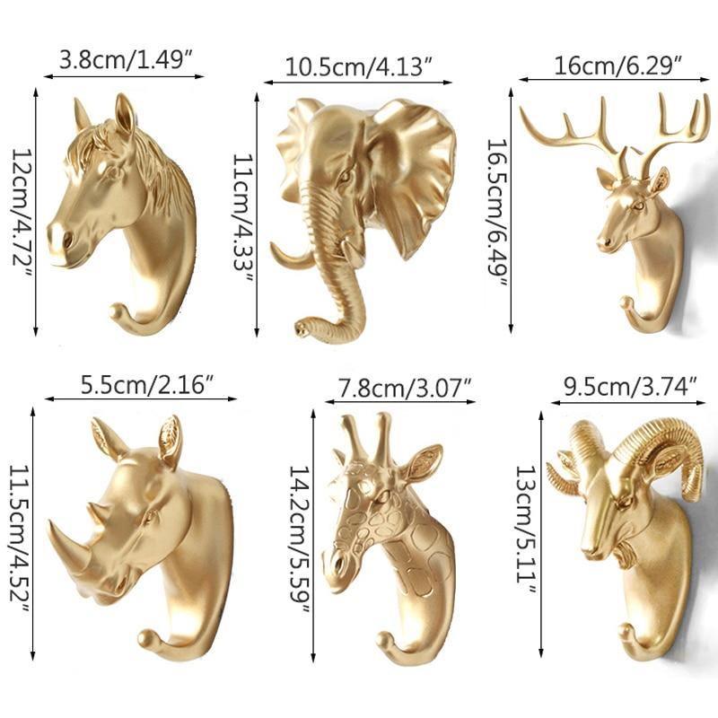 Decoratieve Dierenkop Wandhaak in Goud Wit Zwart voor Sleutels Tassen Handdoeken | Giraffehaak Olifanthaak Neushoornhaak Hert Ram Paard | Gietijzer Wanddecoratie Hal Badkamer Slaapkamer