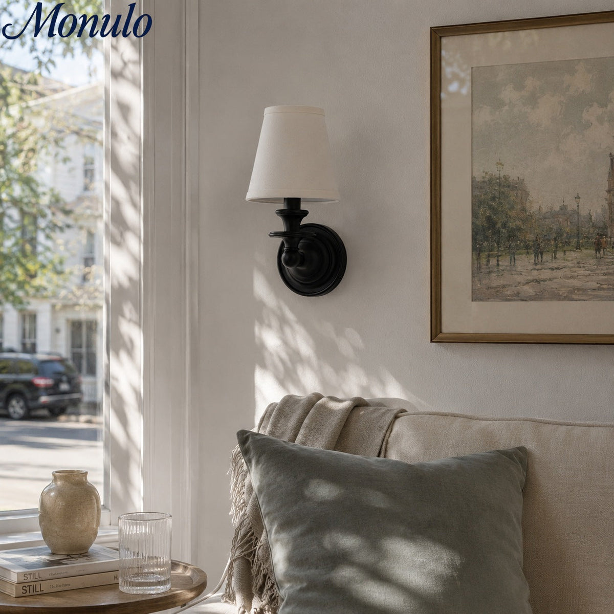 Wandlamp met stoffen kap en zwanenhalsarm - smeedijzeren armatuur met verstelbare leeslamp