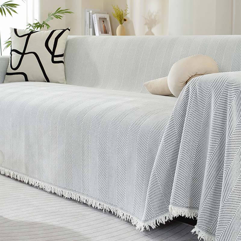Chenille Plaid met Visgraatpatroon en Kwasten - Zachte Bankdeken 180x130cm - Decoratief Woonkleed voor Sofa