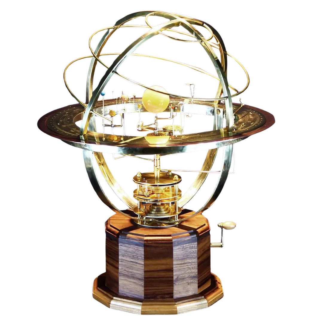 Mechanisch Zonnestelsel Model Messing Halfedelstenen 9 Planeten 28 Manen Eikenhouten Basis Bewegend Decoratief