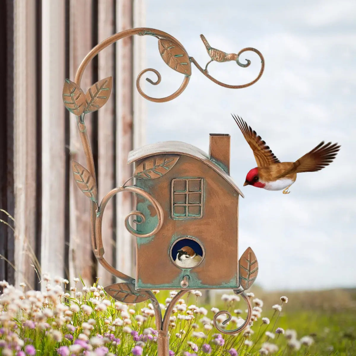 Metalen Vogelhuisje op Tuinsteker Vintage Stijl Tuindecoratie 5 Varianten Ornament Decoratief voor Tuin Patio Terras