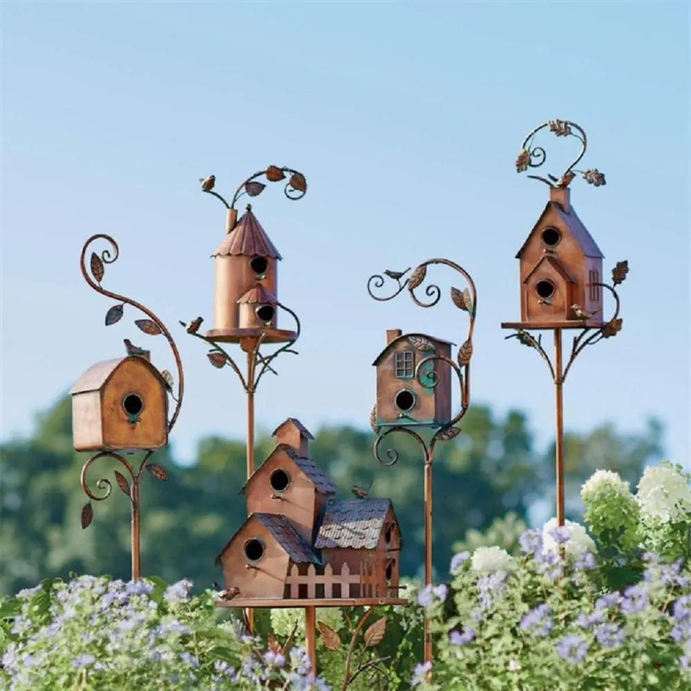 Metalen Vogelhuisje op Tuinsteker Vintage Stijl Tuindecoratie 5 Varianten Ornament Decoratief voor Tuin Patio Terras