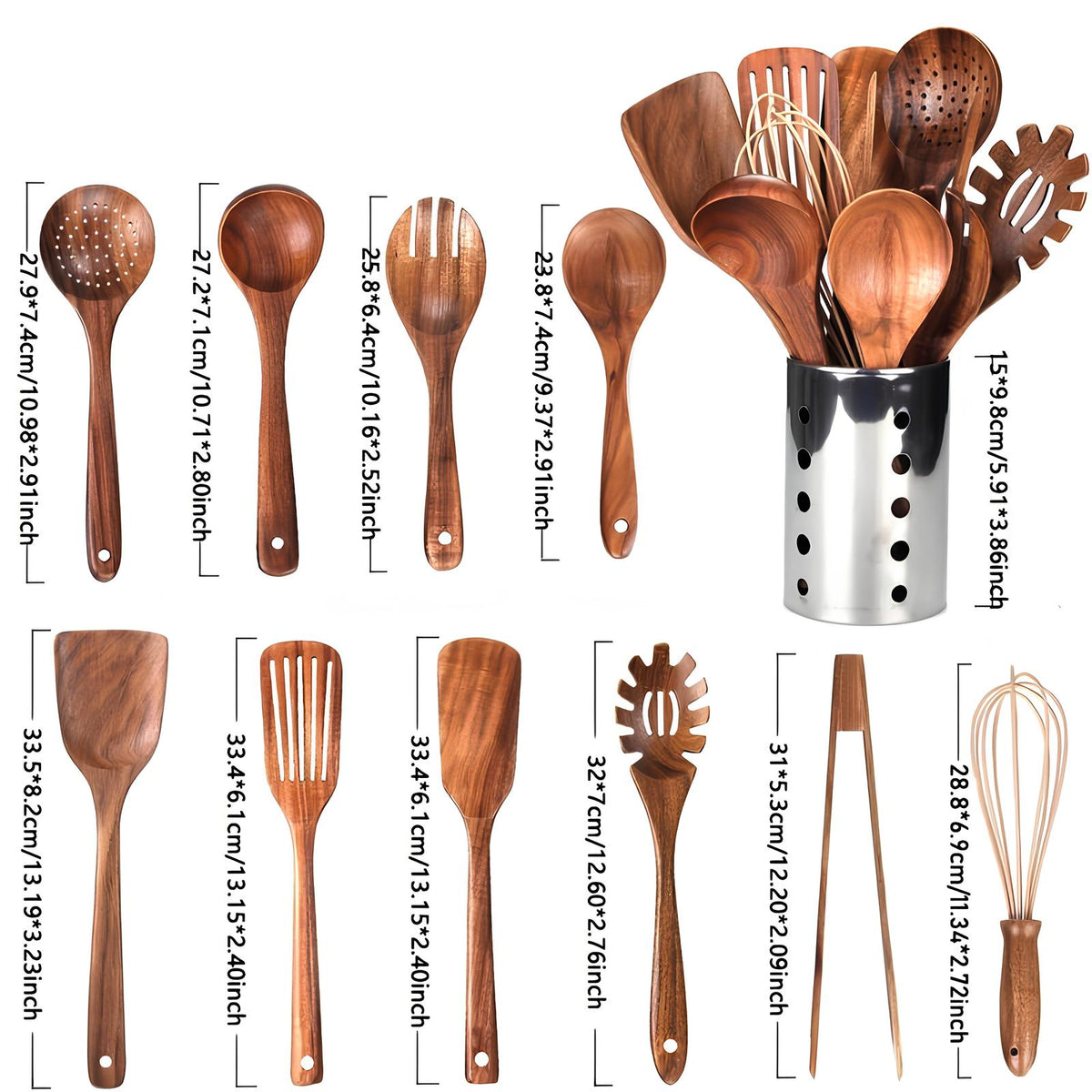 11-delige Teak Keukengerei Set met Houder - Houten Keukenhulpen
