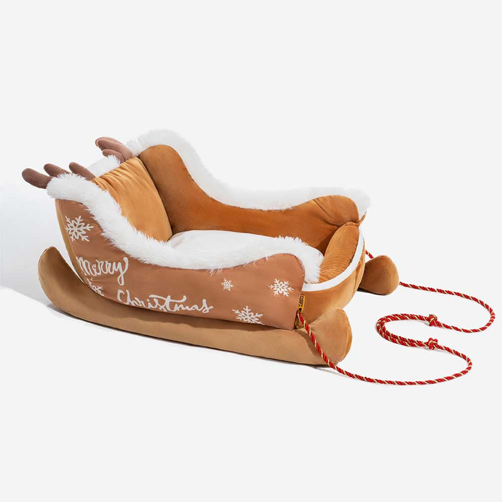 Pluche Hondenmand Kerstslede Rood Bruin 3 Maten Premium Huisdierbed Feestelijk Decoratief Warm Gezellig