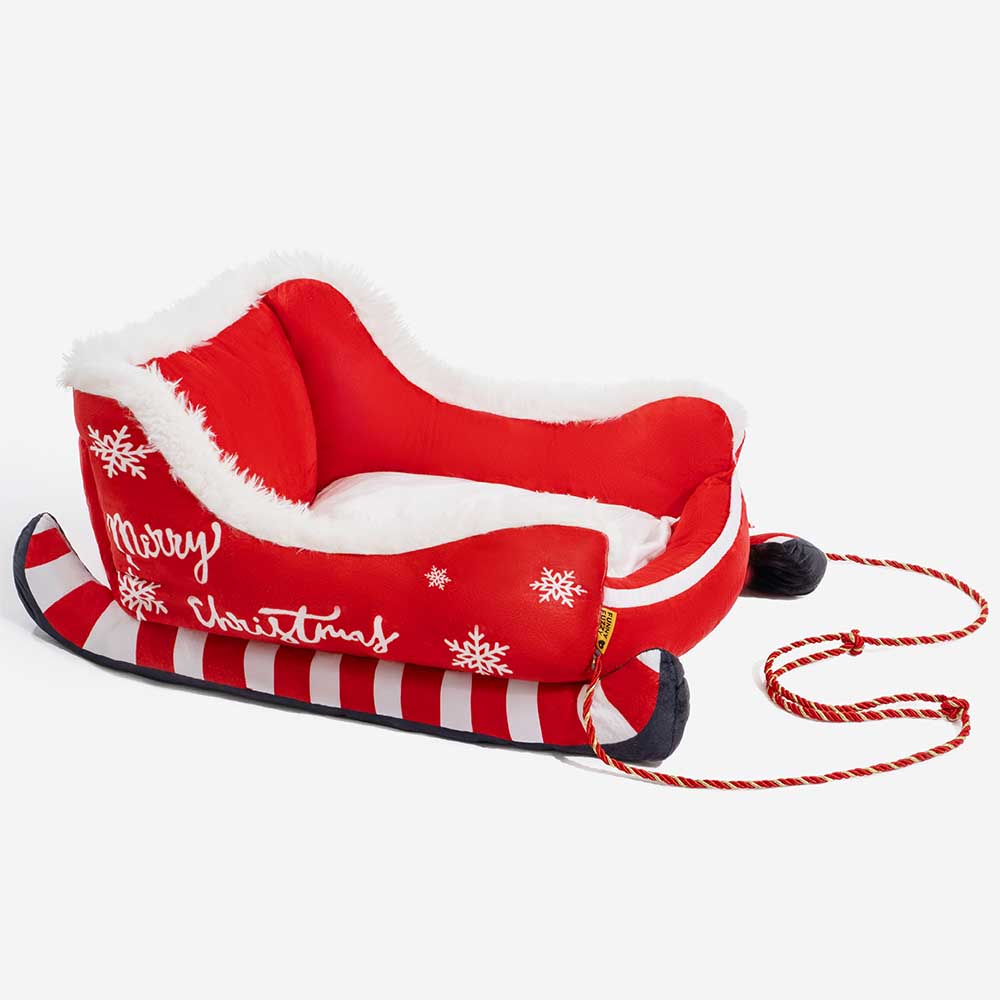 Pluche Hondenmand Kerstslede Rood Bruin 3 Maten Premium Huisdierbed Feestelijk Decoratief Warm Gezellig