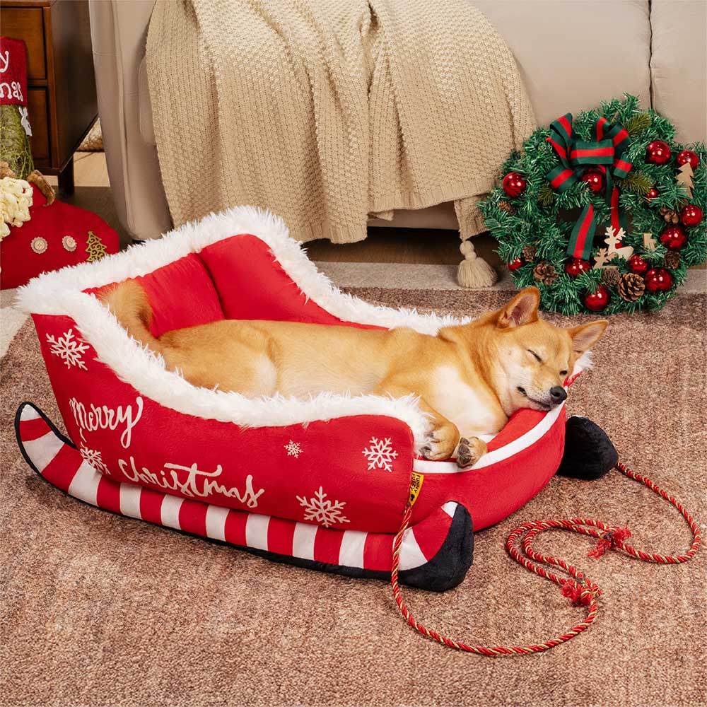 Pluche Hondenmand Kerstslede Rood Bruin 3 Maten Premium Huisdierbed Feestelijk Decoratief Warm Gezellig