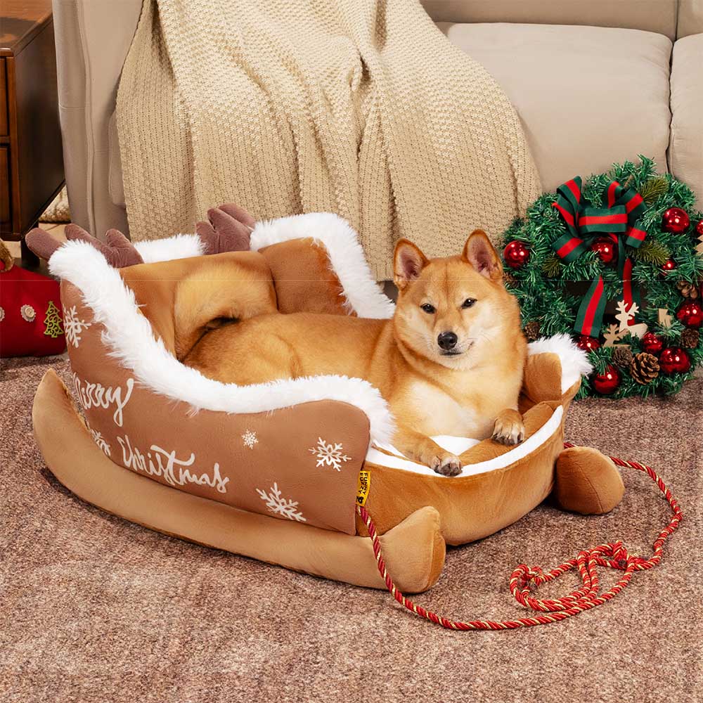 Pluche Hondenmand Kerstslede Rood Bruin 3 Maten Premium Huisdierbed Feestelijk Decoratief Warm Gezellig