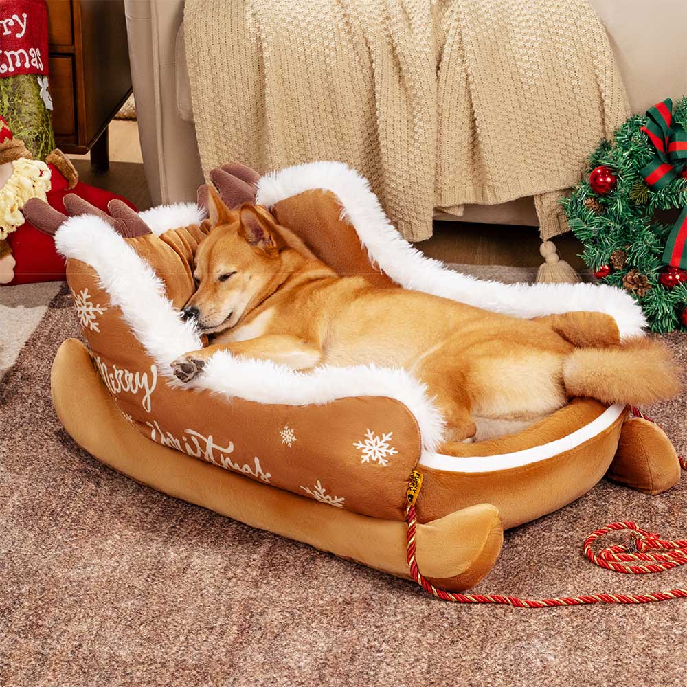 Pluche Hondenmand Kerstslede Rood Bruin 3 Maten Premium Huisdierbed Feestelijk Decoratief Warm Gezellig