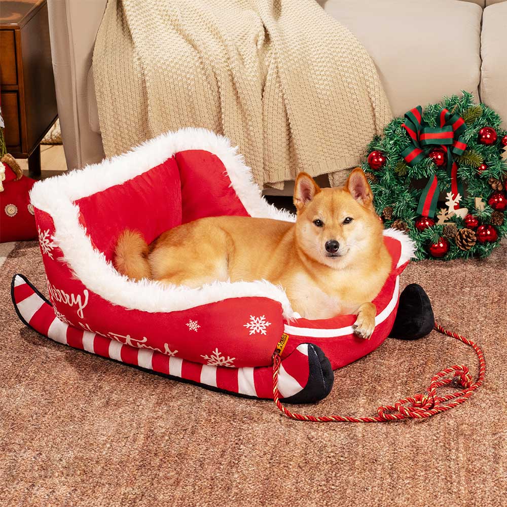 Pluche Hondenmand Kerstslede Rood Bruin 3 Maten Premium Huisdierbed Feestelijk Decoratief Warm Gezellig