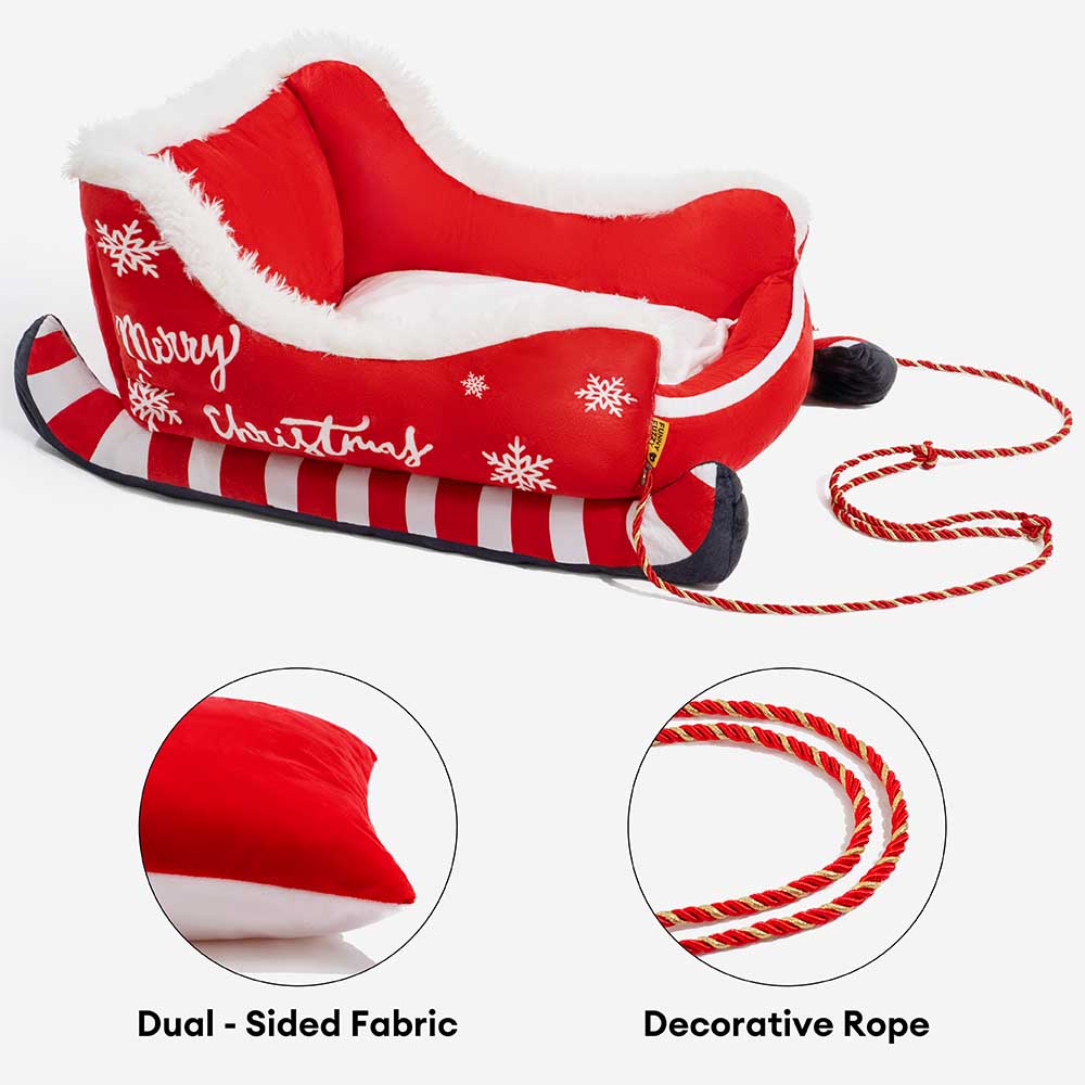 Pluche Hondenmand Kerstslede Rood Bruin 3 Maten Premium Huisdierbed Feestelijk Decoratief Warm Gezellig