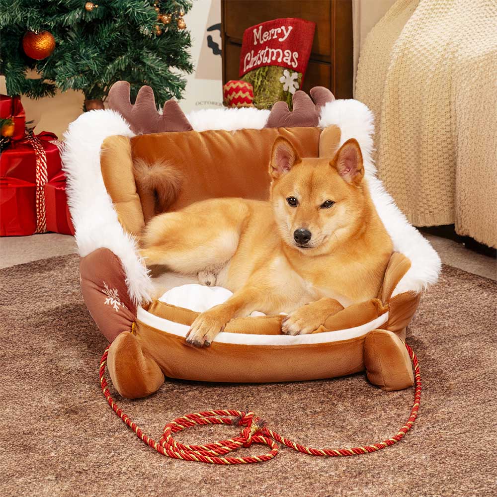Pluche Hondenmand Kerstslede Rood Bruin 3 Maten Premium Huisdierbed Feestelijk Decoratief Warm Gezellig