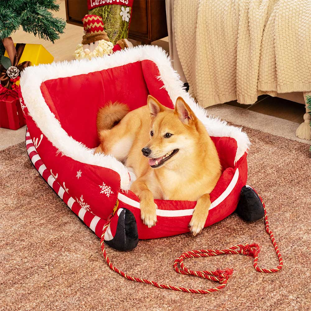Pluche Hondenmand Kerstslede Rood Bruin 3 Maten Premium Huisdierbed Feestelijk Decoratief Warm Gezellig