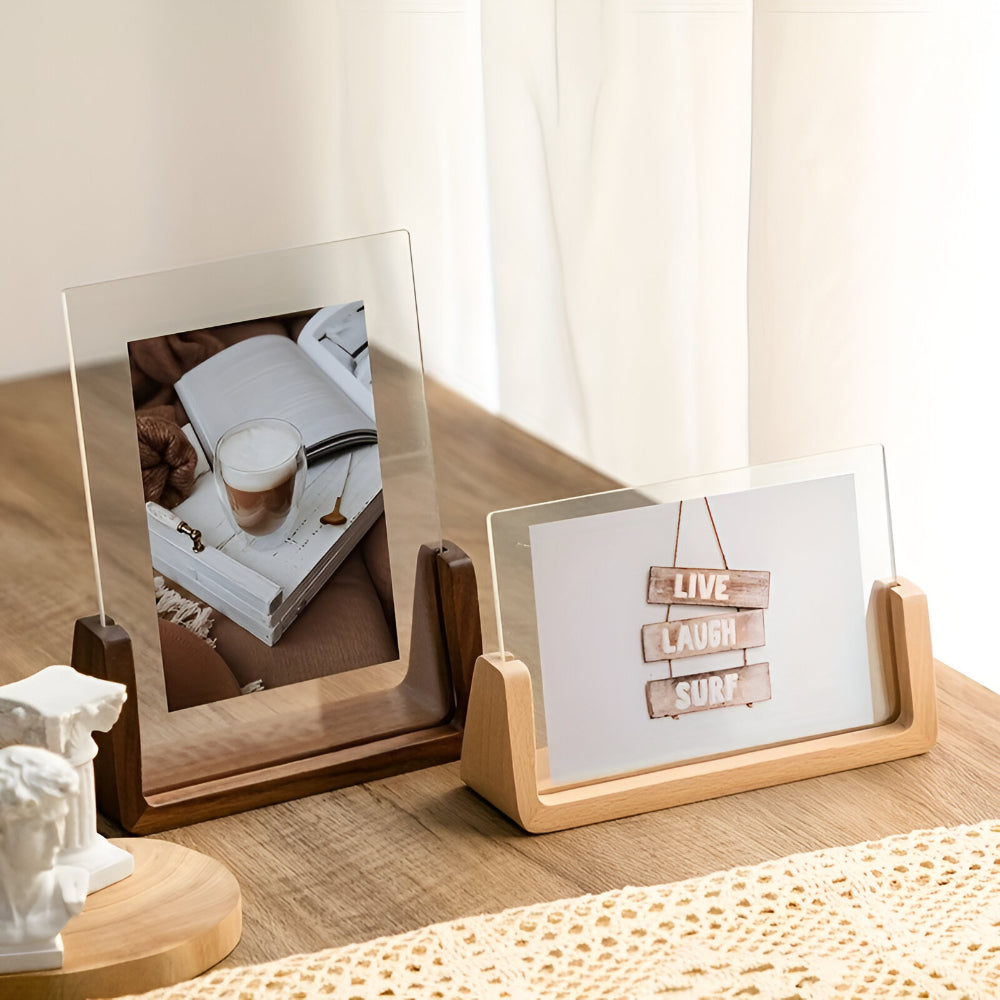 Houten Fotohouder met Acryl 6 Inch Staand Tafelmodel Verticaal Horizontaal Fotodisplay Walnoot Beuken