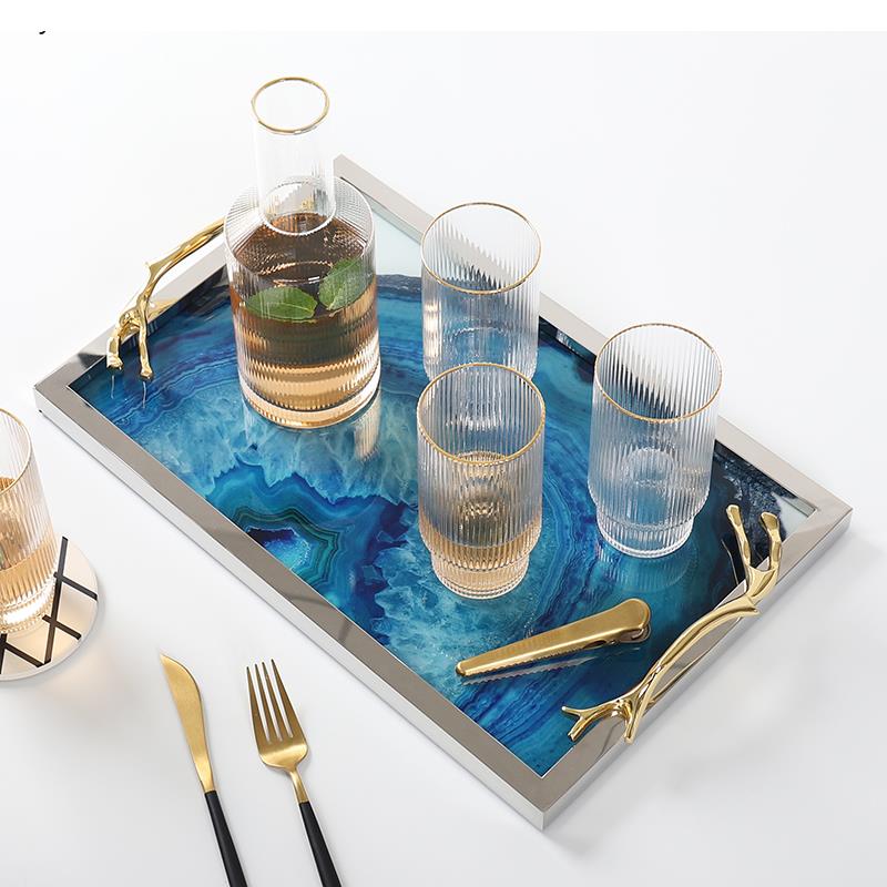Decoratief Dienblad met Blauwe Agaatpatroon - Elegant Serveerblad met Glazen Inleg en Edelstalen Rand - Uniek Natuursteen Design voor Tafel en Interieur