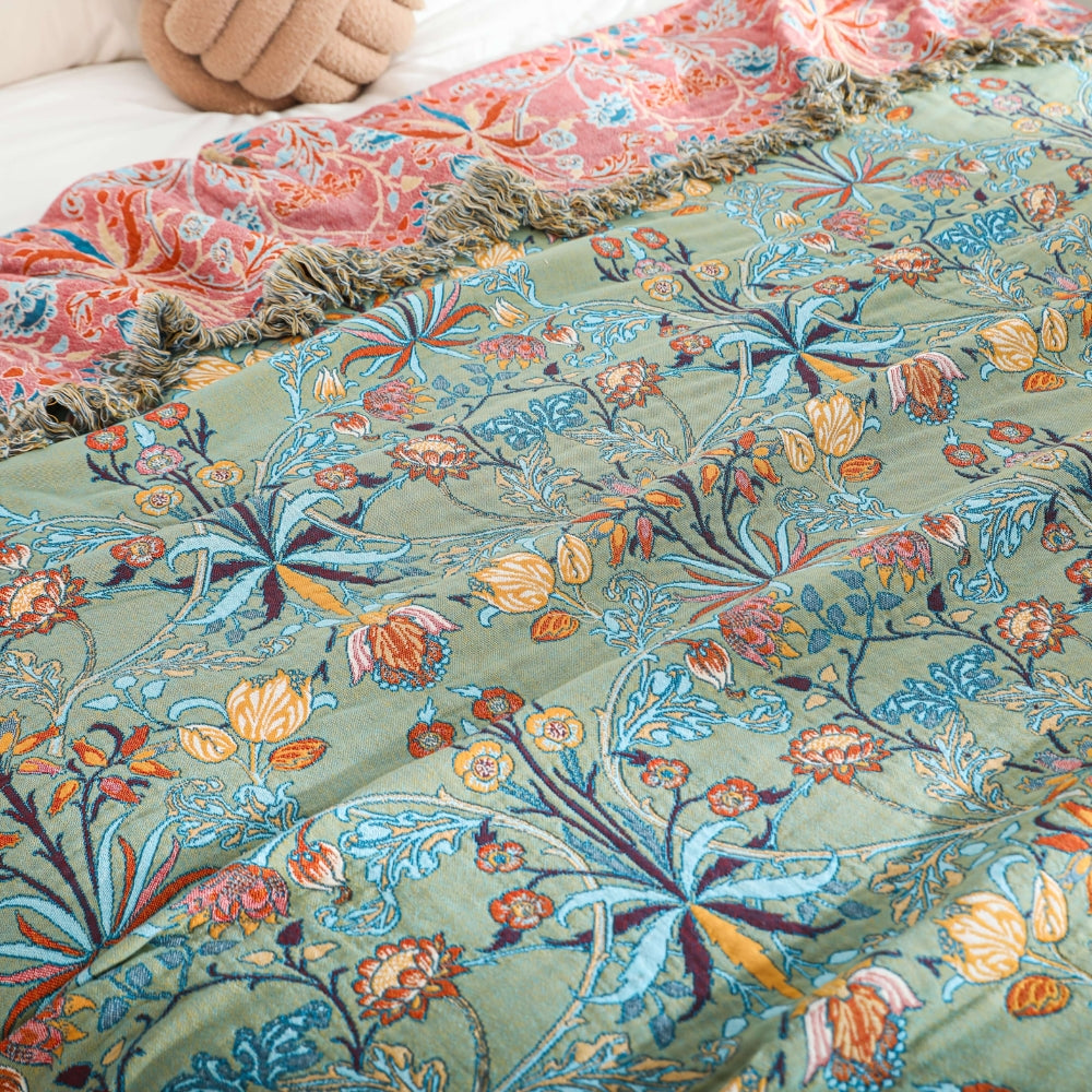 Katoenen Wenddeken met Bloemenweving en Kwasten - Zachte Jacquardplaid voor Bed en Bank