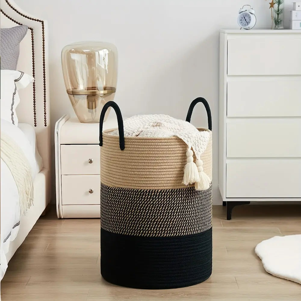 Gevlochten Wasmand Katoen 58L - Natuurlijk Opbergoplossing met Stevige Handvatten - Opvouwbare Wasmand voor Slaapkamer en Badkamer